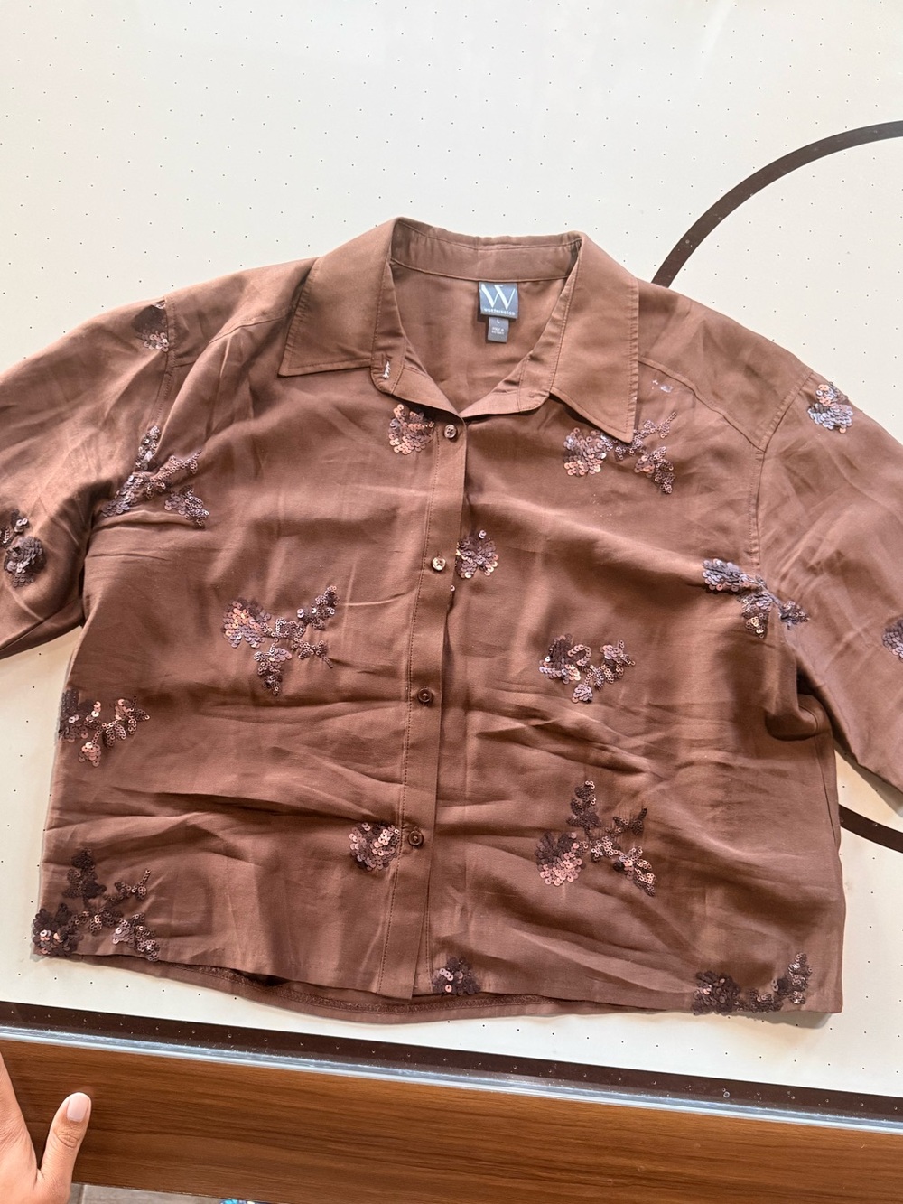 Worthington Brown Floral Sequin Button-Down Shirt